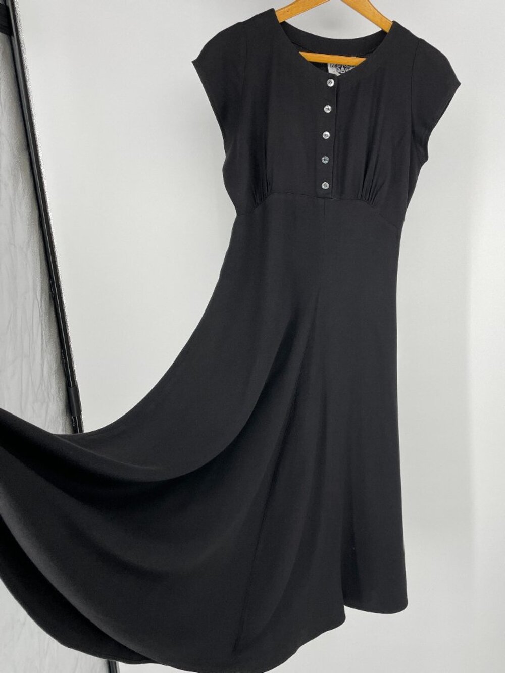 Vintage 90s Tom Tom Black Rayon Fluid Midi Dress S